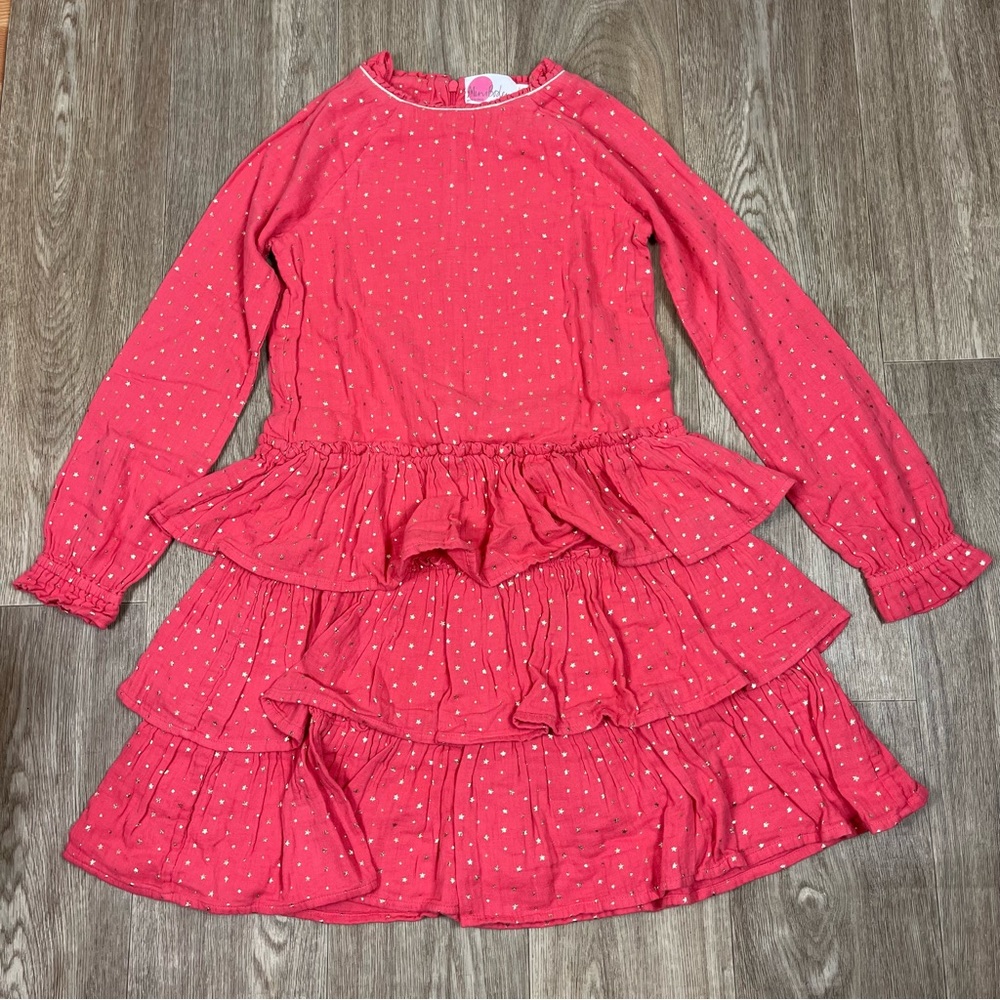 Mini Boden Pink ruffle gauze long sleeve Dress shiny stars 11-12 years old